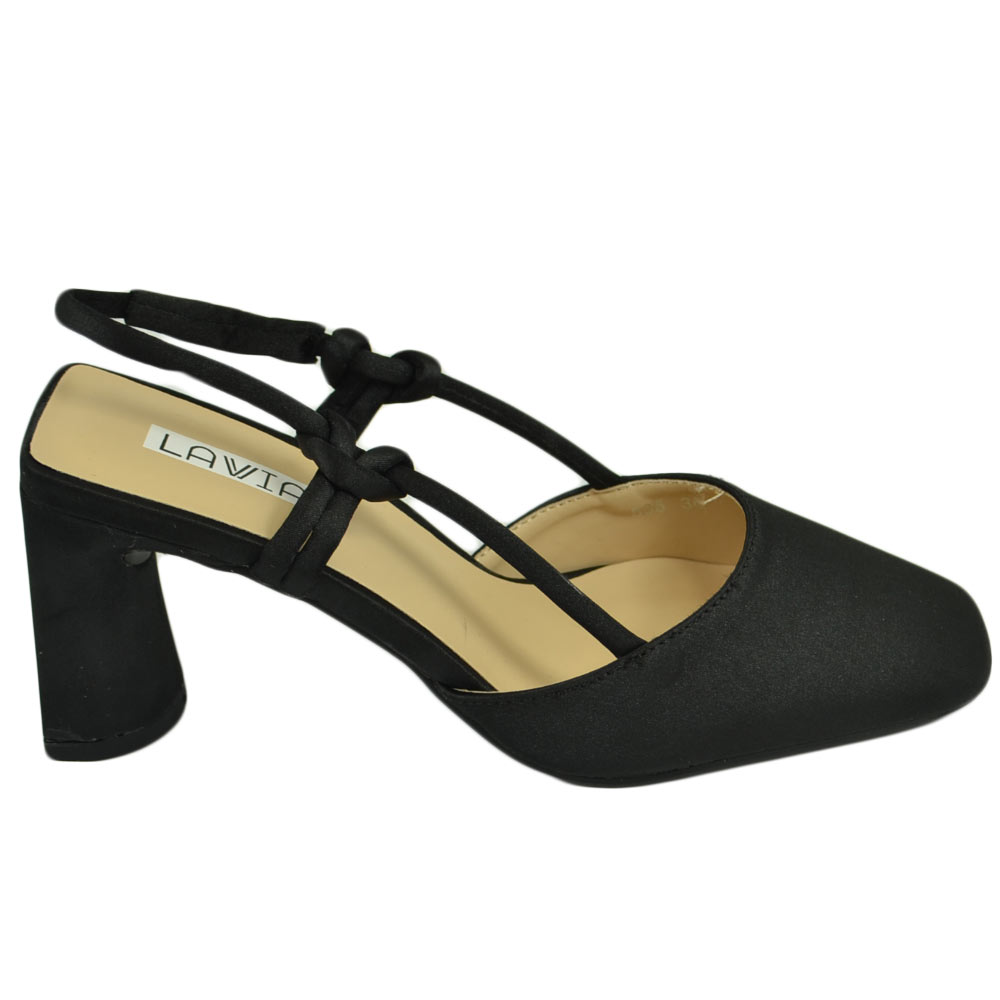 Decollete scarpe donna in raso nero con tacco largo punta quadrata open toe chiusura alla caviglia moda eventi .