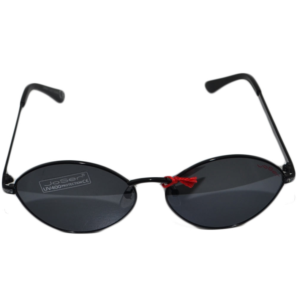 OCCHIALI DA SOLE DONNA SUNGLASSES FORMA TONDEGGIANTE NERA LENTE FUME ASTICELLE IN ACCIAIO TONO SU TONO MADE IN ITALY.