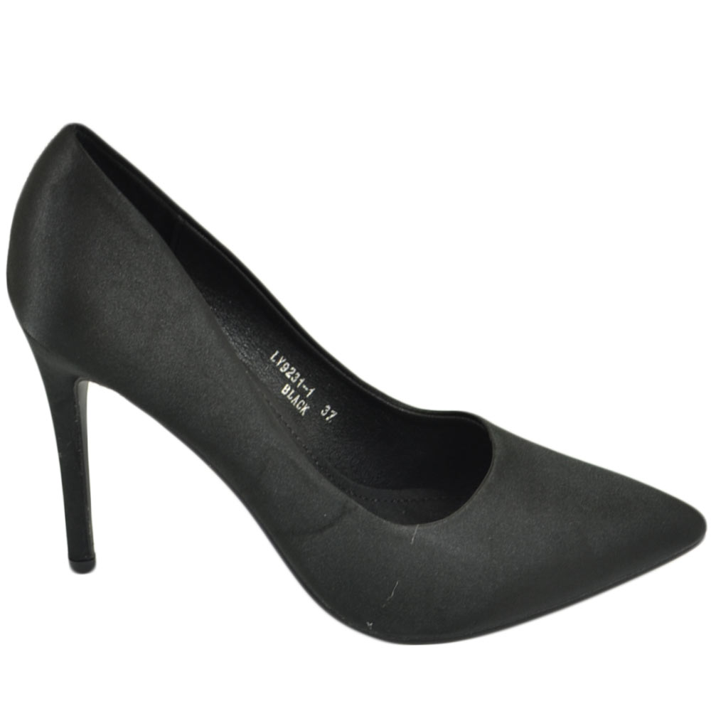 Scarpe donna decollete a punta elegante in raso nero lucido tacco a spillo 12 cm moda elegante cerimonia evento.