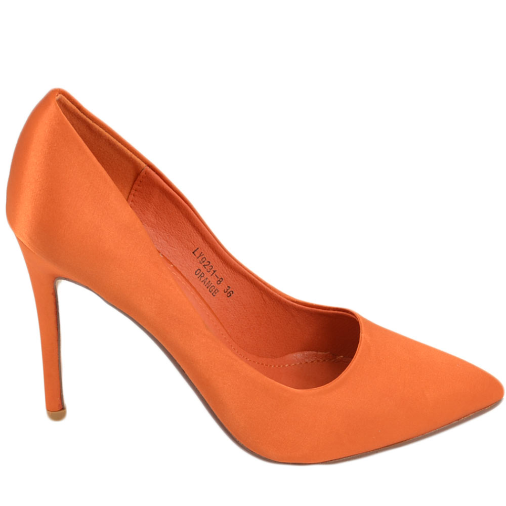 Scarpe donna decollete a punta elegante in raso arancione lucido tacco a spillo 12 cm moda elegante cerimonia evento