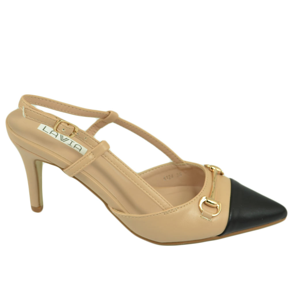 Scarpe decollete donna elegante in ecopelle beige punta nera tacco 10 cerimonia allacciatura alla caviglia open toe.