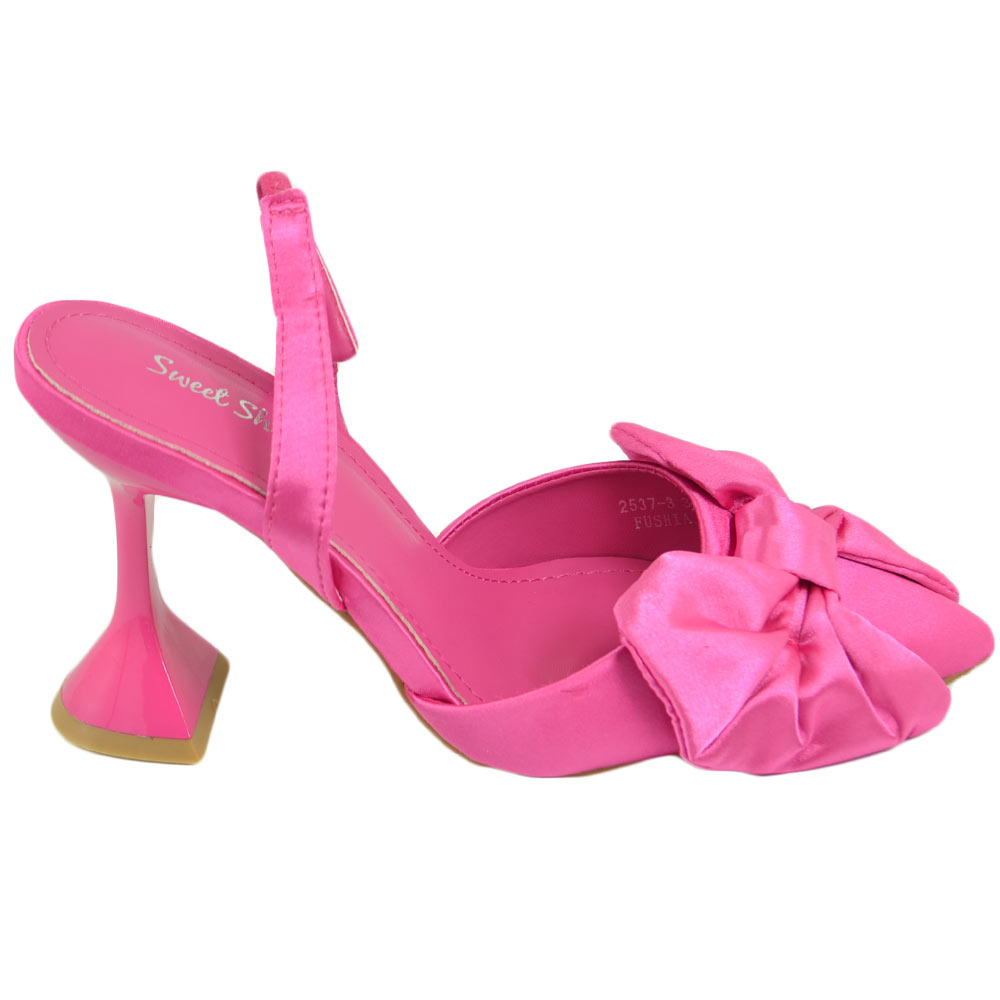 Scarpe decollete mules donna elegante punta in raso fucsia tacco martini 9 cerimonia con fiocco tono su tono comodo moda.