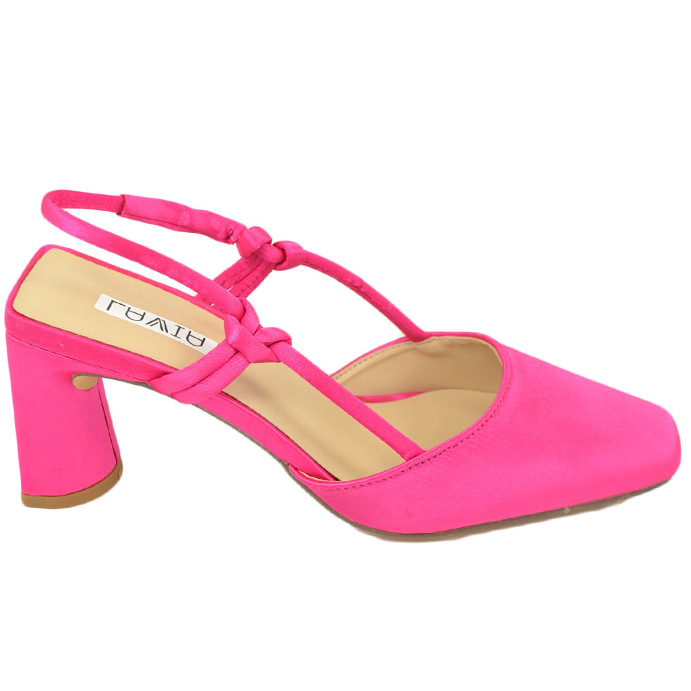 Decollete scarpe donna in raso fucsia con tacco largo punta quadrata open toe chiusura alla caviglia moda eventi 