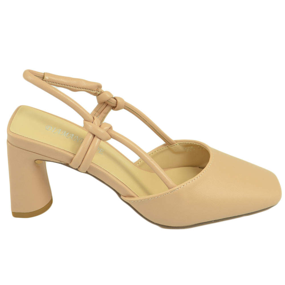 Decollete scarpe donna in ecopelle beige con tacco largo punta quadrata open toe chiusura alla caviglia moda eventi 