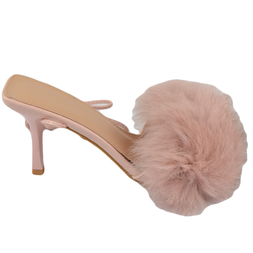 Scarpe donna sandalo rosa cipria mules pelliccia con tacco martini 9 cm lacci alla schiava moda tendenza con pelo.