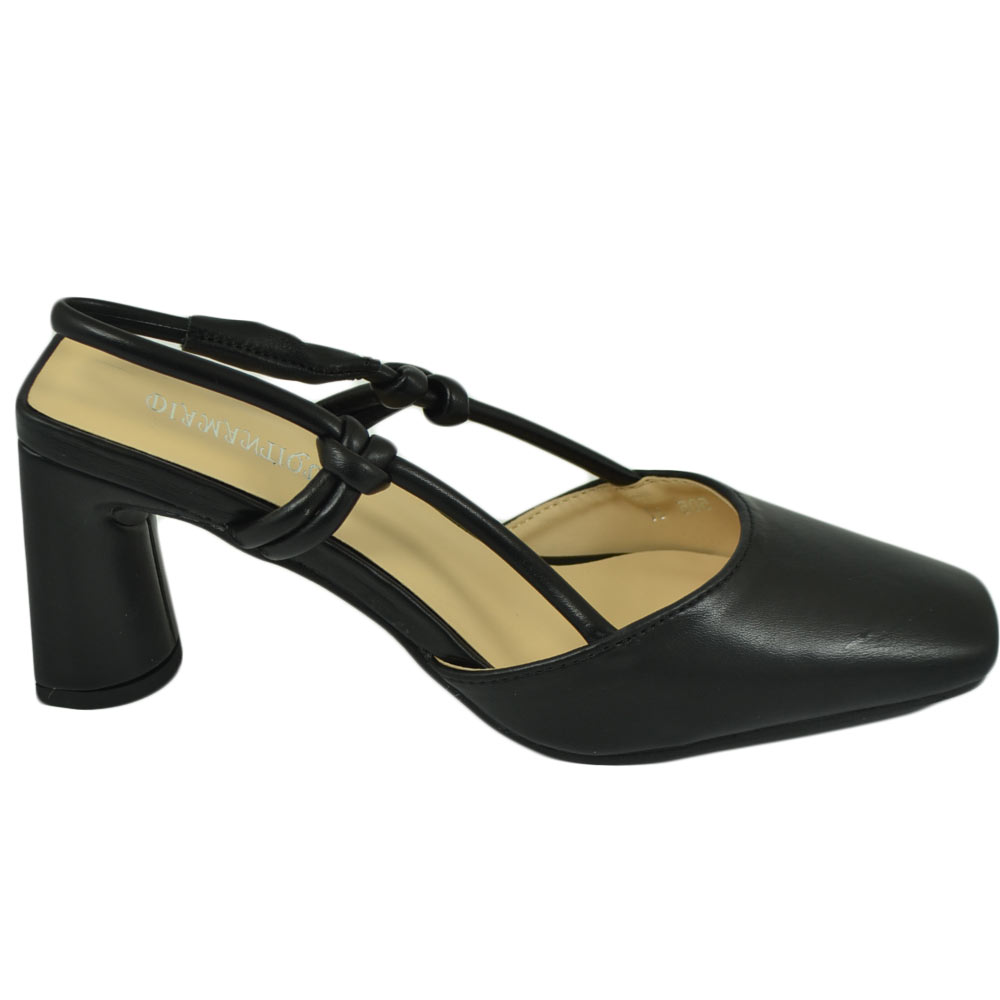 Decollete scarpe donna in ecopelle nero con tacco largo punta quadrata open toe chiusura alla caviglia moda eventi 