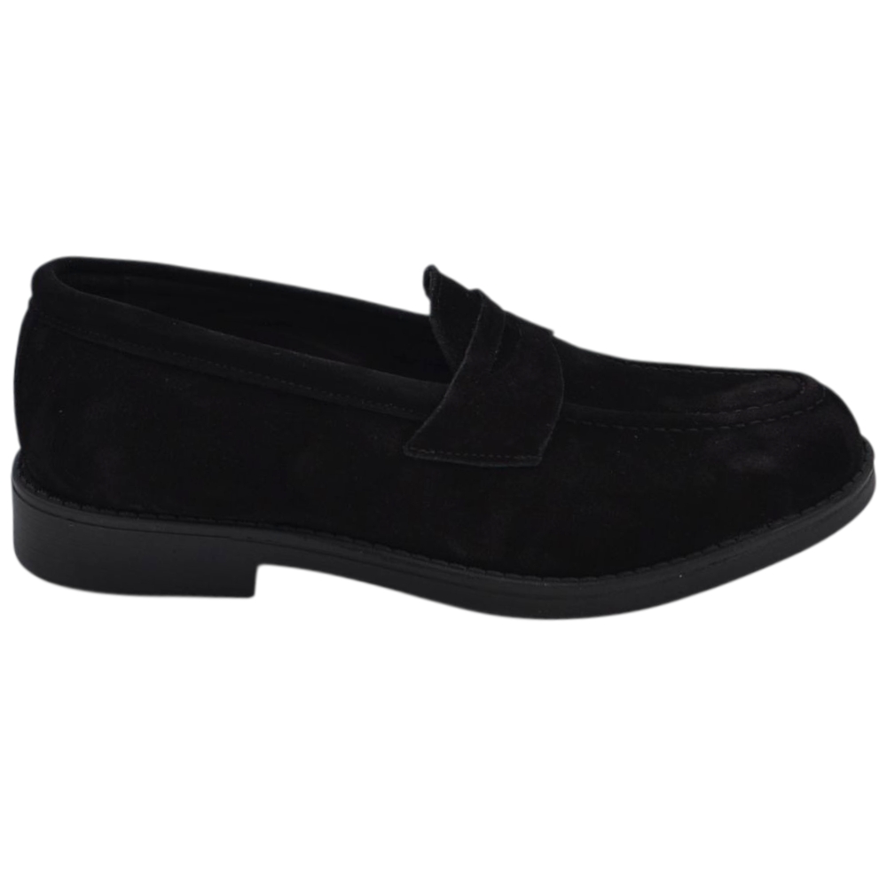 Scarpe uomo mocassino con bendina nera in vera pelle scamosciata business fondo gomma basso 2 cm