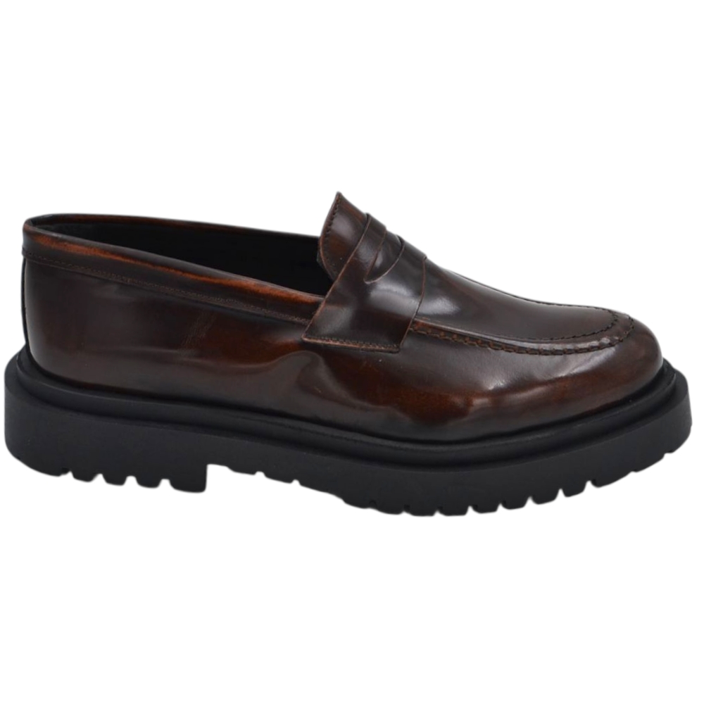 Scarpe uomo mocassino con bendina marrone vera pelle semilucida effetto vintage fondo alto gomma zigrinato