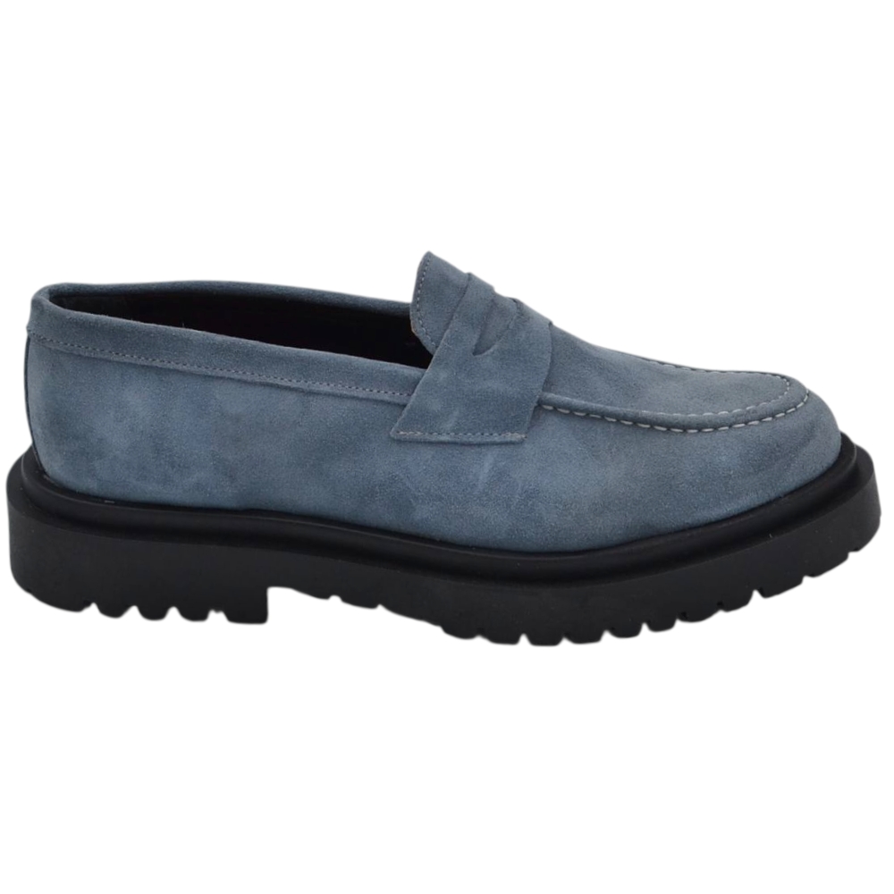 Scarpe uomo mocassino con bendina celeste in vera pelle scamosciata business fondo gomma zigrinato alto