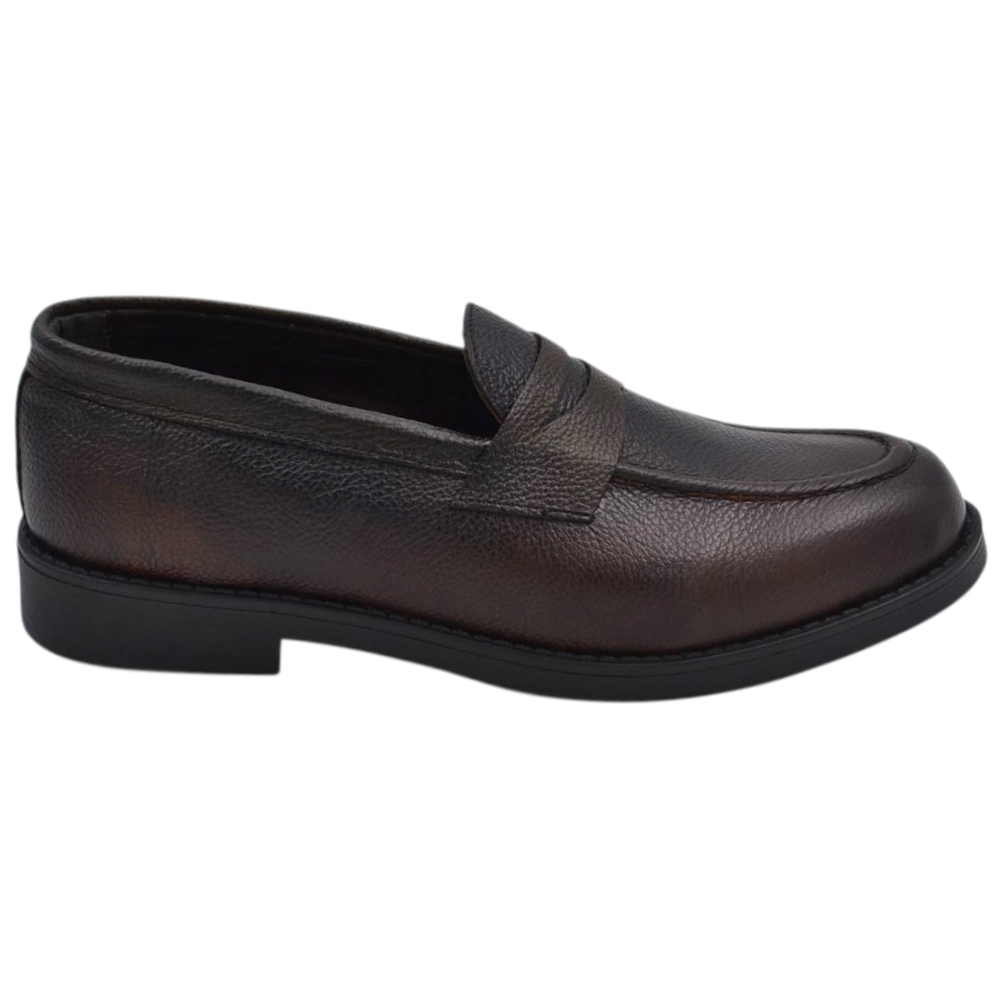Scarpe uomo mocassino con bendina marrone in vera pelle matte business fondo gomma liscio alto 2 cm	