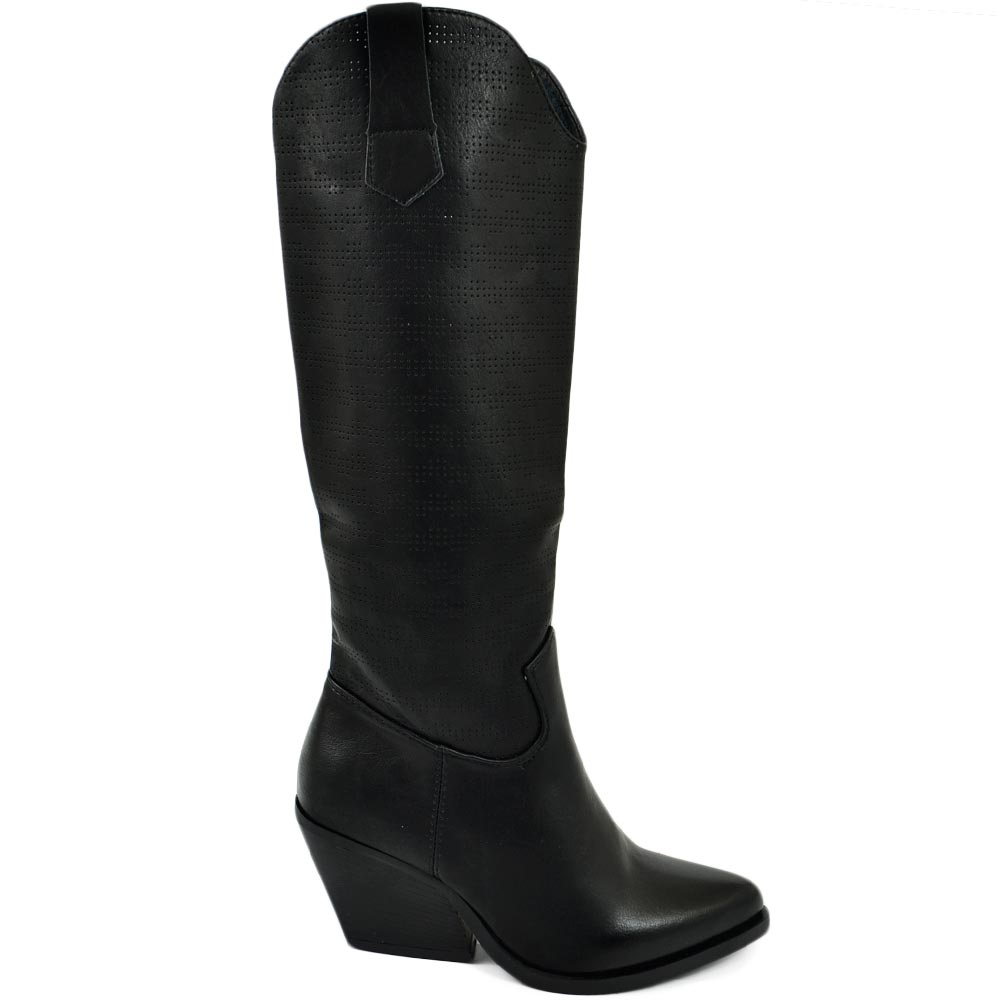 Stivali donna camperos texani microforato nero pelle tacco western 7 comodo gomma altezza ginocchio estivo