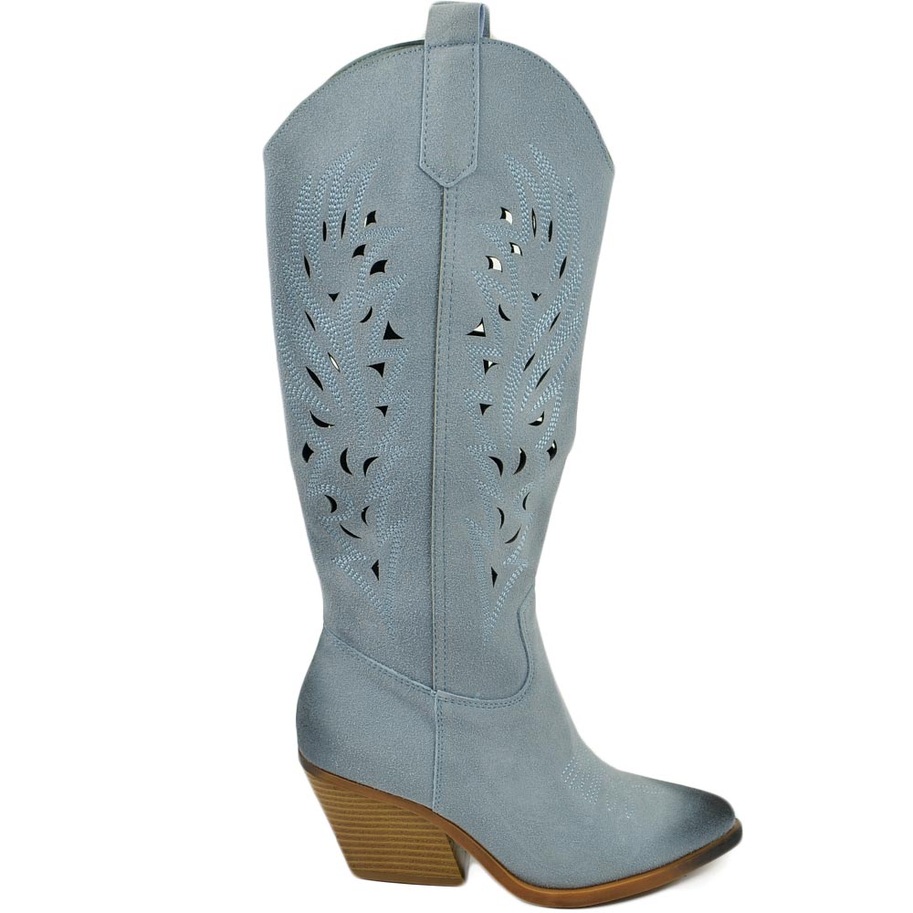Stivali donna camperos texani azzurro polvere scamosciato forato tacco western comodo gomma altezza ginocchio estivo.