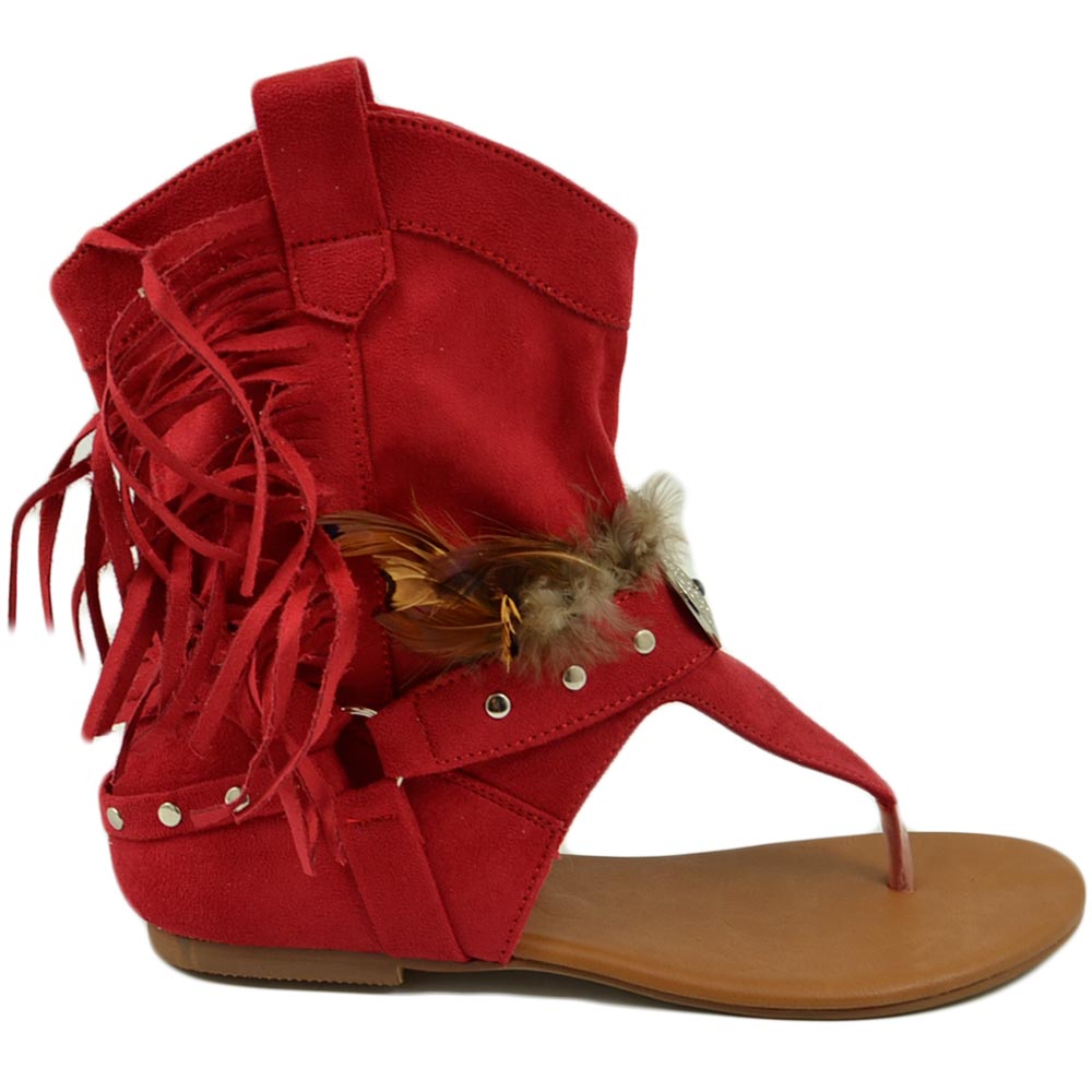 Indianini donna rosso estivi infradito alla caviglia freschi con piume e frange fondo in gomma comode moda ibiza.