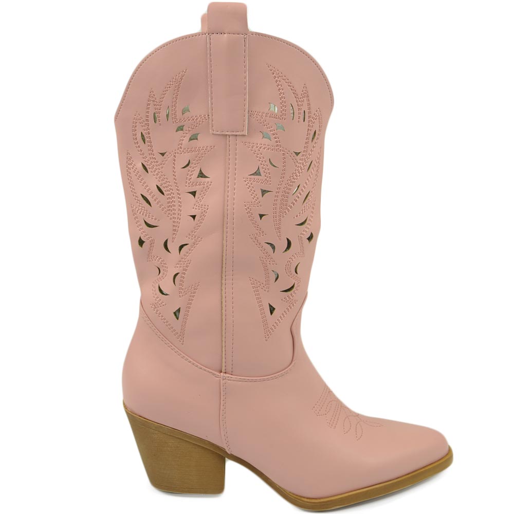 Stivali donna camperos texani rosa pastello pelle forato tacco western comodo gomma altezza meta' polpaccio.