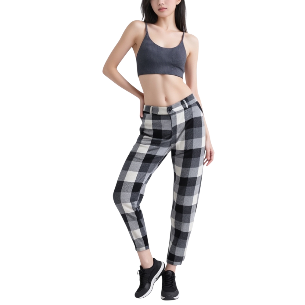 Pantaloni donna a sigaretta in lanetta rasata fantasia scacchi vita alta 4 tasche moda boyfriend 