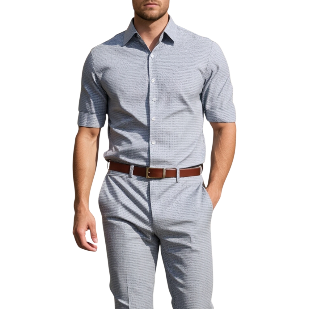 Camicia uomo cotone bianco collo rigido manica lunga motivo astratto nero chiusura bottoni moda.