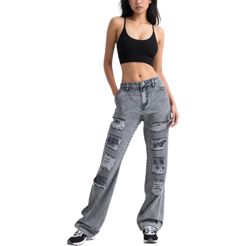Jeans donna momfit a vita alta high waist lavaggio scuro misto black denim strappi rigido over fit