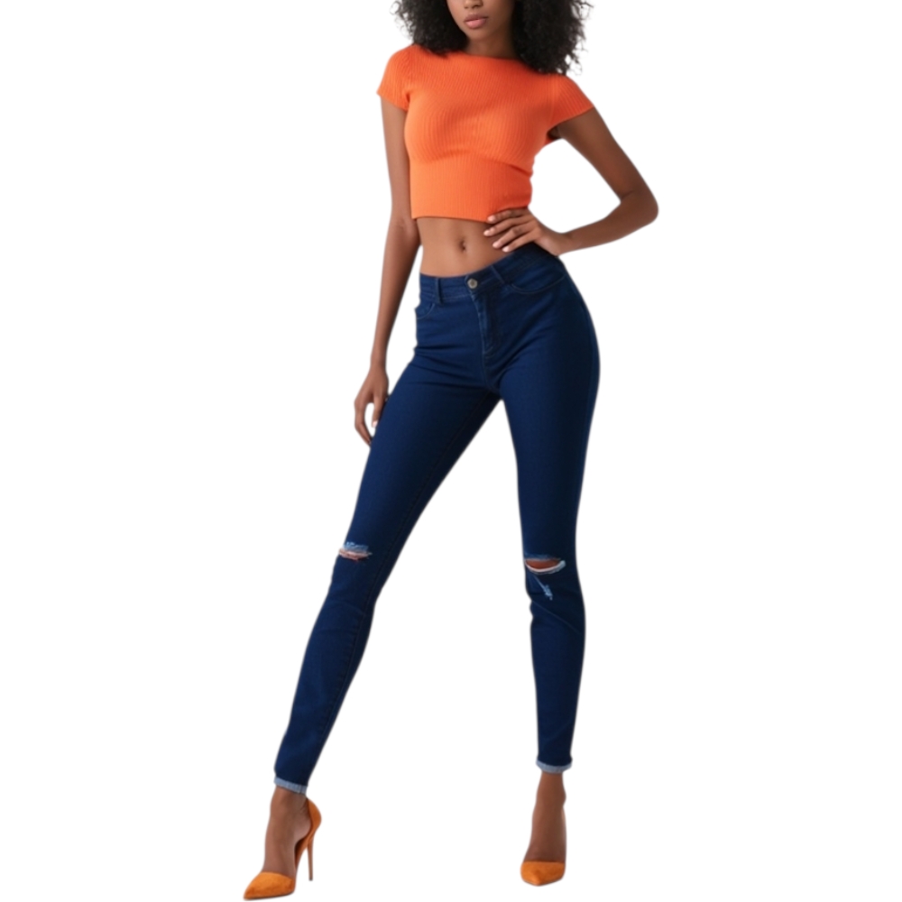 Jeans donna slimfit high waist a vita alta lavaggio blu scuro strappo al ginocchio denim elasticizzati