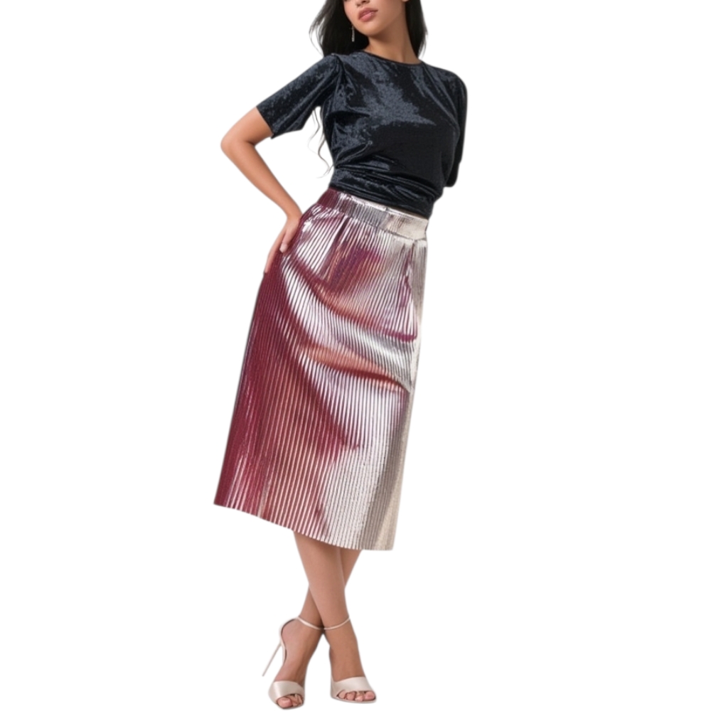 Gonna plissettata lunga bordeaux argento metallizzato trendy moda anni 30.