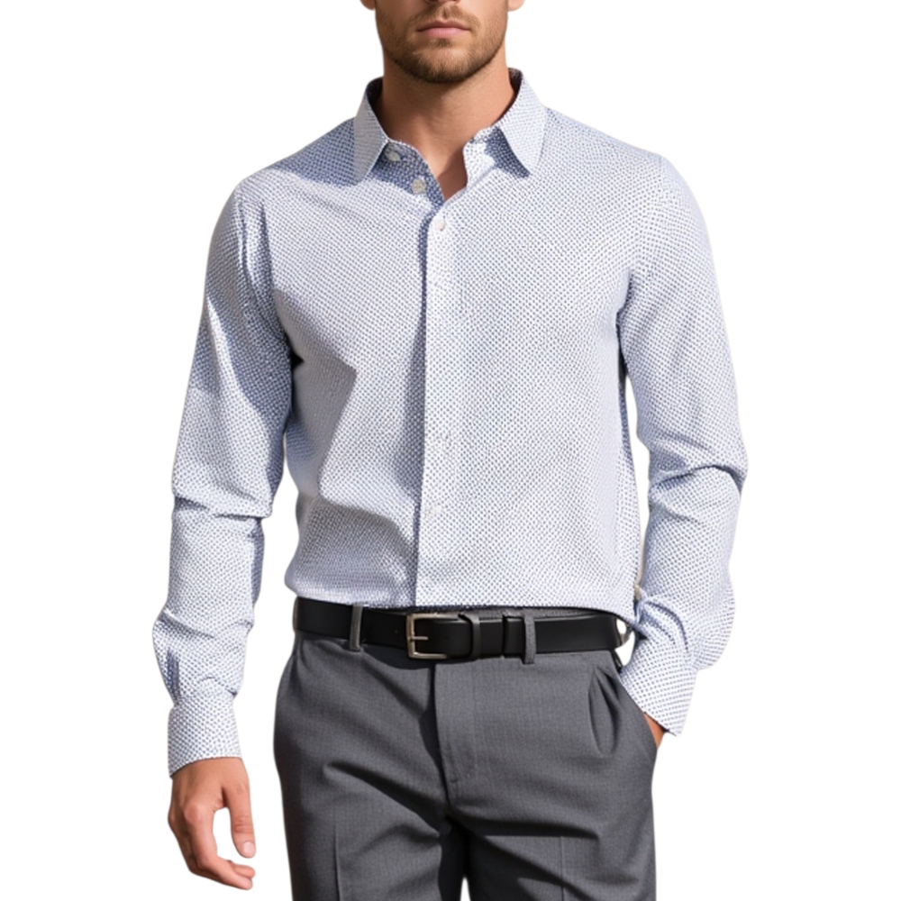 Camicia uomo cotone bianco pois collo rigido manica lunga motivo astratto blu chiusura bottoni moda
