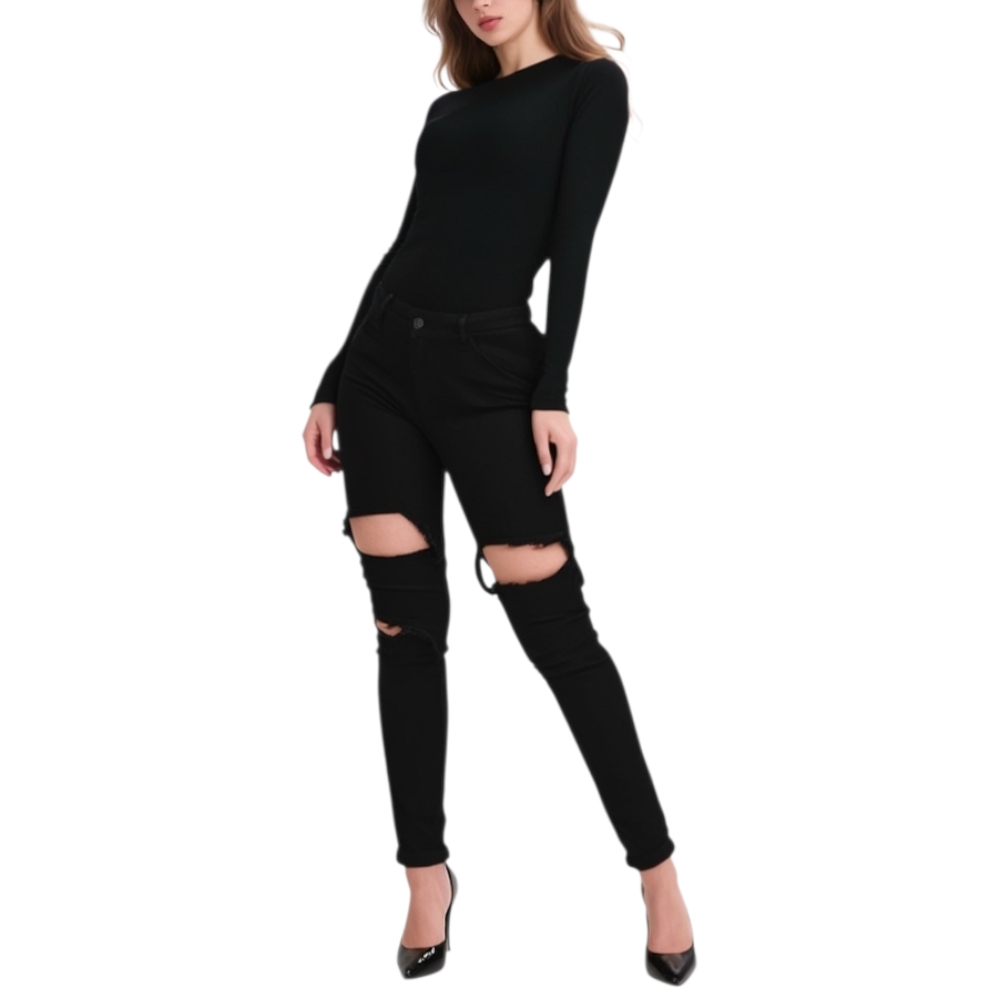 jeans donna nero pantaloni slim con strappi .