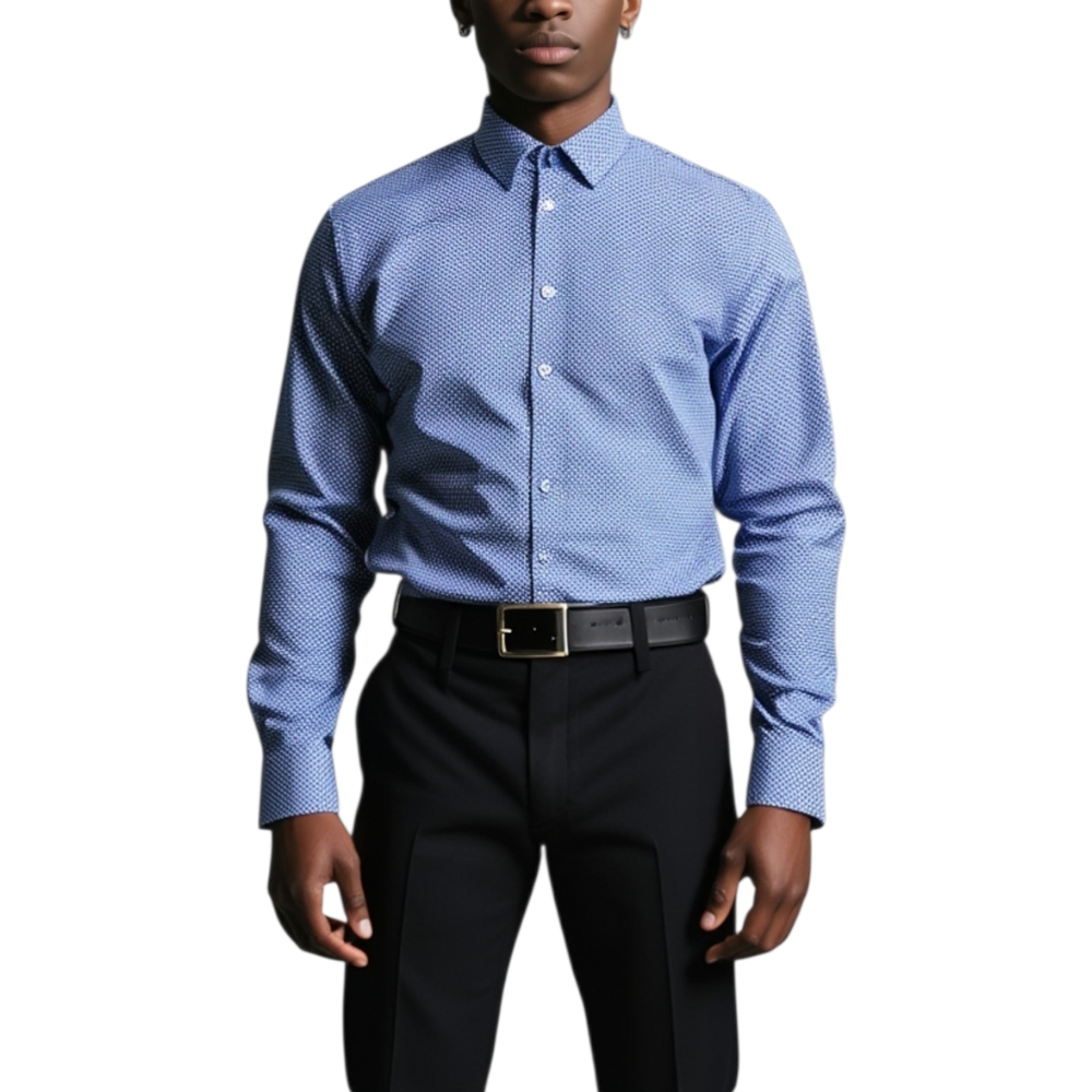 Camicia uomo cotone blu collo rigido manica lunga motivo astratto made in italy slim linea  basic