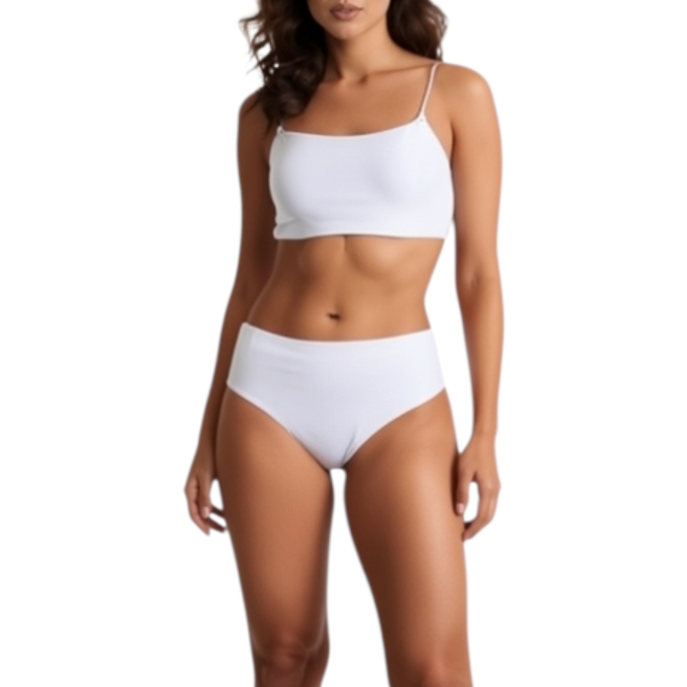 Costume da bagno donna bikini swimwear con culotte brasiliana a vita alta e top bralette regolabile bianco satin moda.