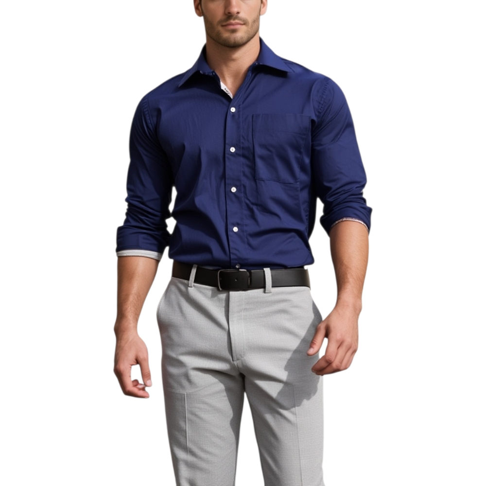 Camicia uomo cotone blu collo rigido e collo e maniche con fantasie manica lunga basic.