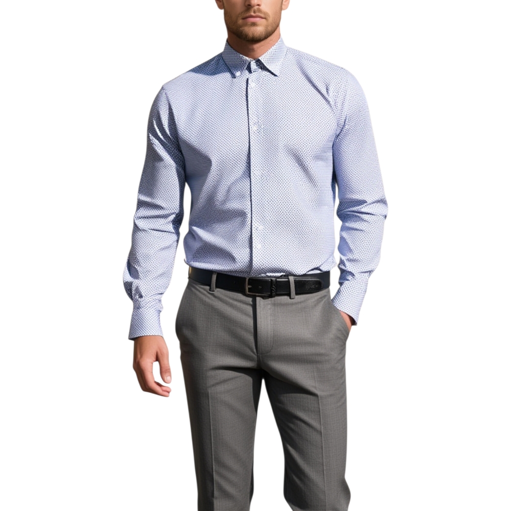 Camicia uomo cotone celeste collo rigido manica lunga motivo astratto blu notte chiusura bottoni 