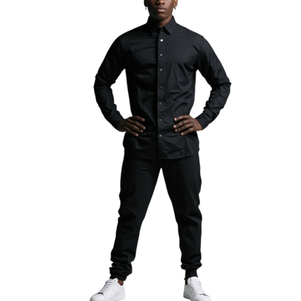 Camicia uomo slim cotone nero collo rigido manica lunga basic made in italy.