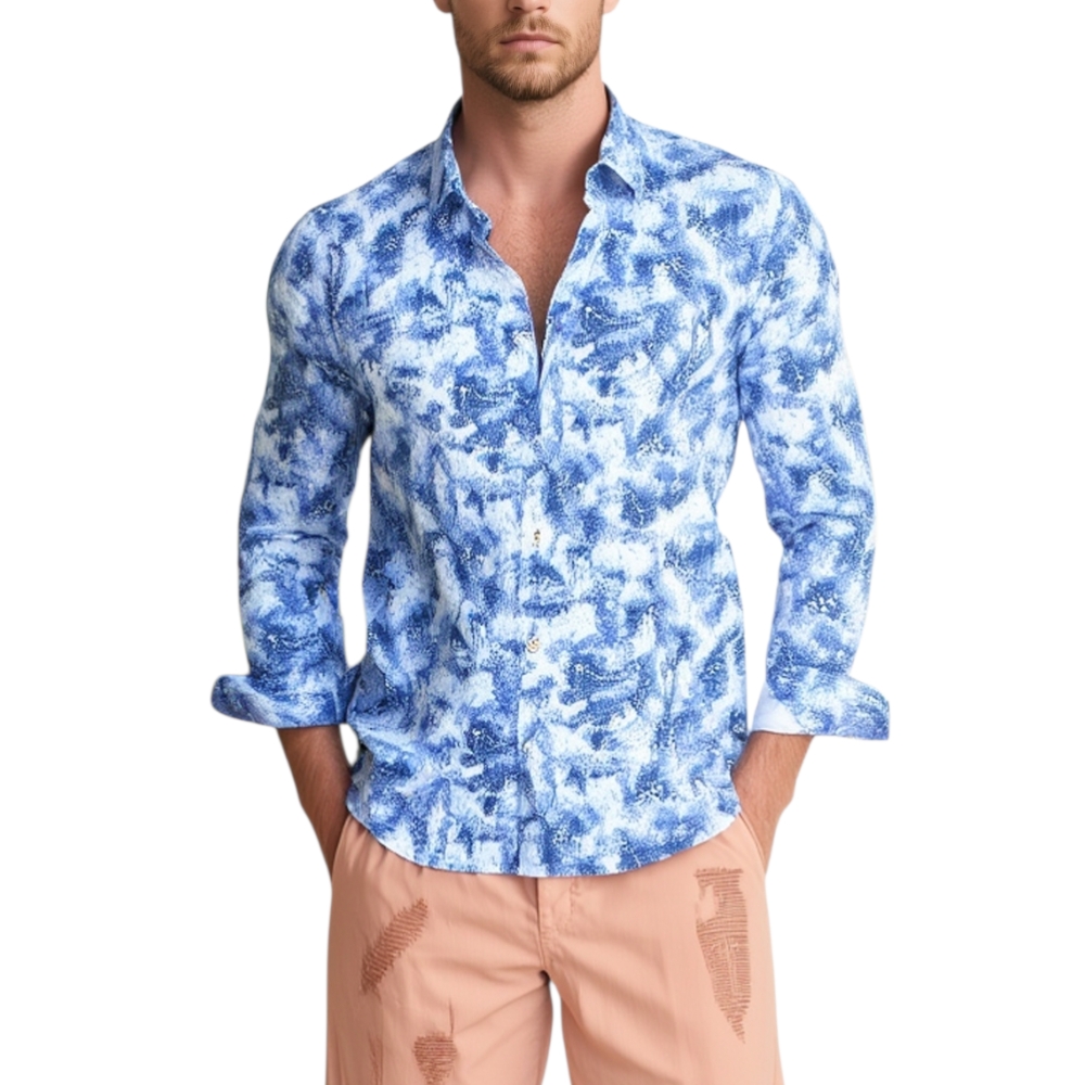 Camicia uomo cotone nero collo rigido manica lunga motivo astratto celeste blu basic