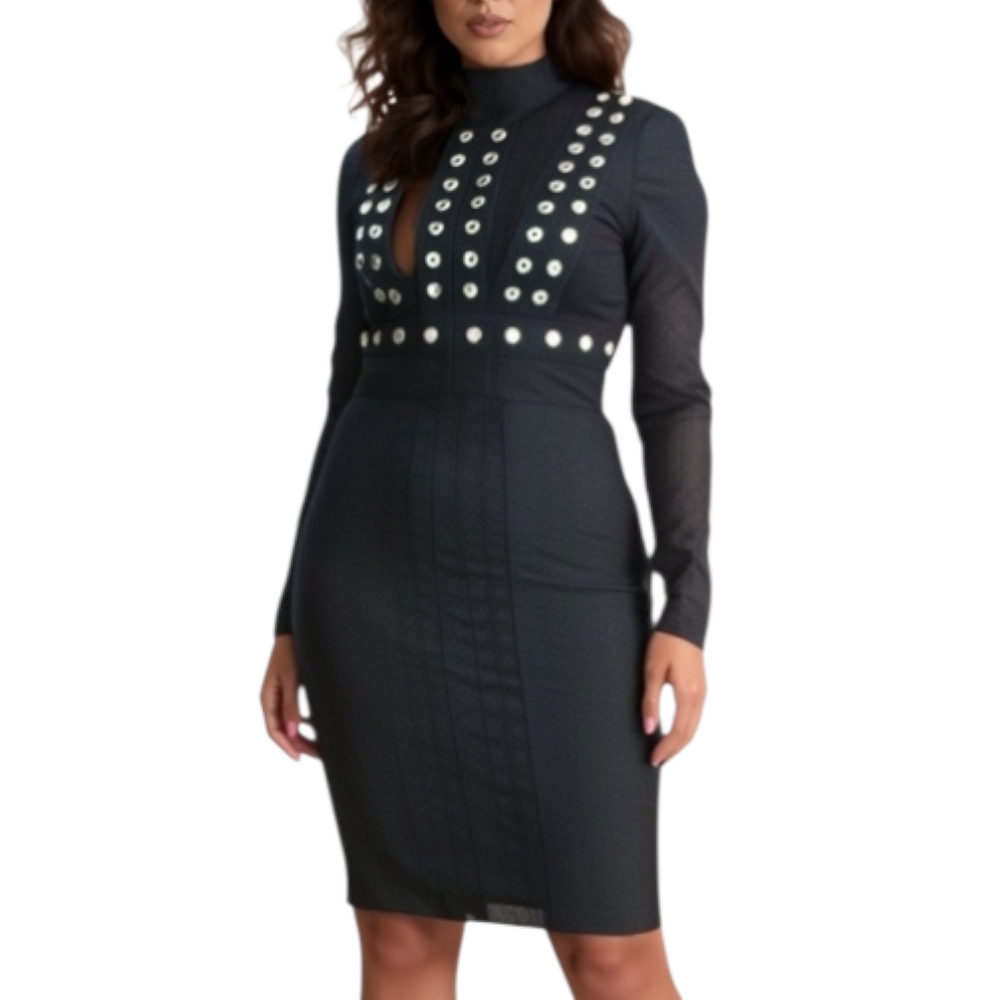 Abito tubino donna aderente in elastene con trasparenza e borchie slim fit lungoutte