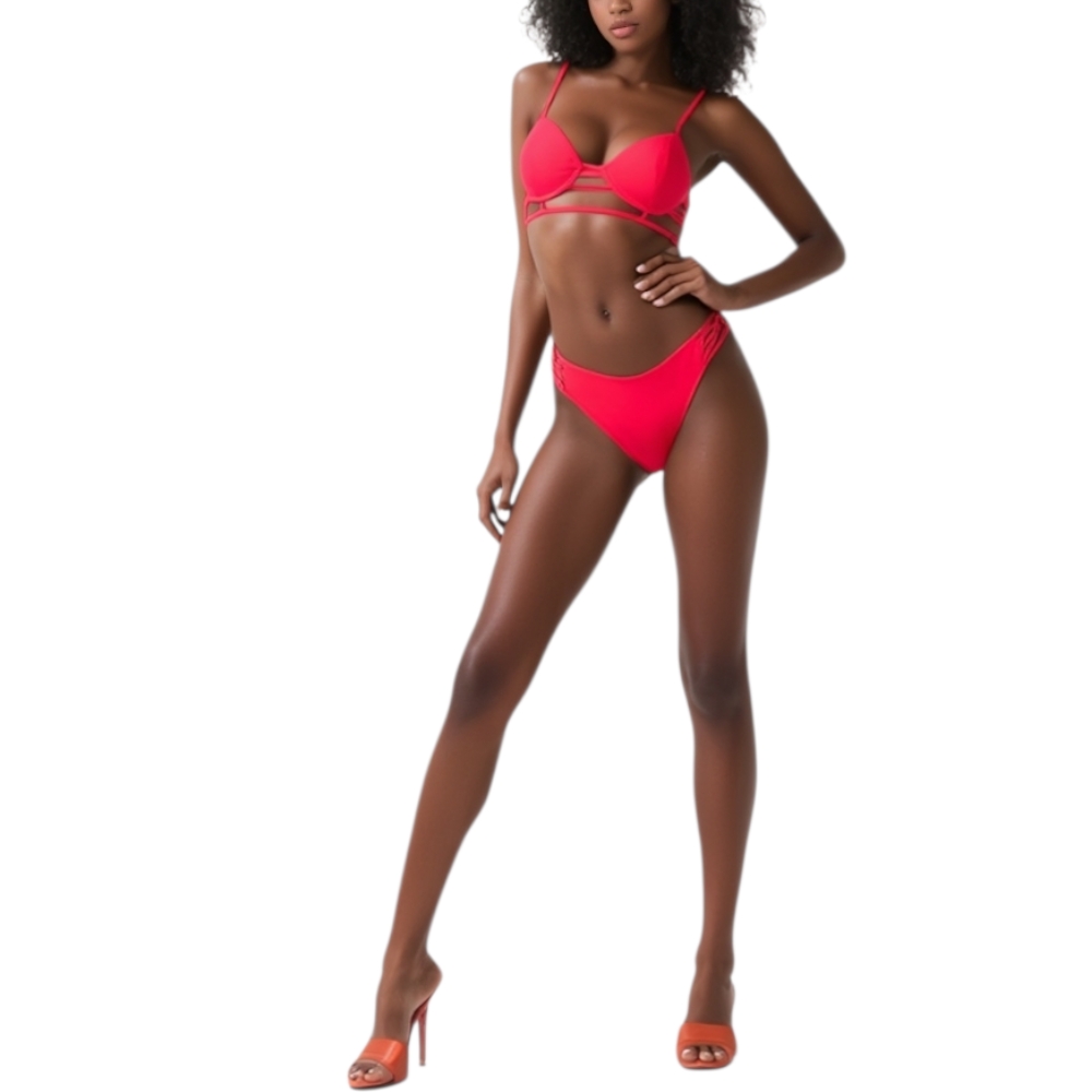 Costume da bagno donna bikini corallo swimwear con slip coordinato e top bralette lungo effetto corsetto push up