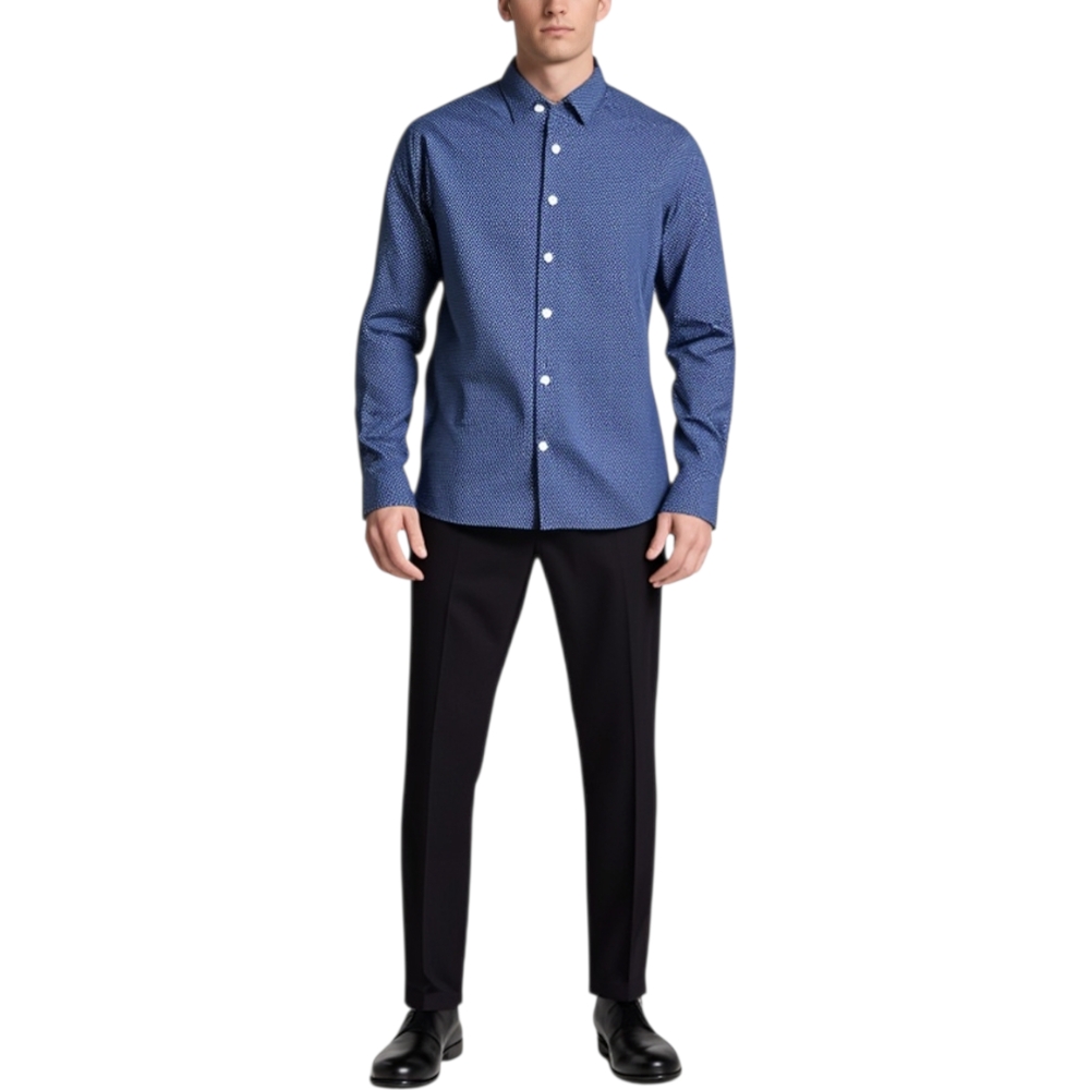 Camicia uomo cotone blu collo rigido manica lunga motivo astratto blu notte chiusura bottoni moda 