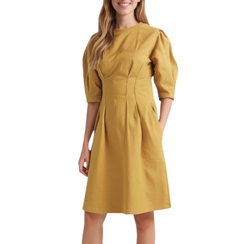 Abito mini in lanetta cuoio manica a sbuffo anni 30 taglio imperiale pretty moda 