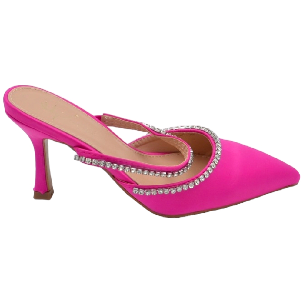 Decollete mules slingback in raso fucsia con fascia di brillantini sul dorso tacco a spillo comodo 6 cm moda.