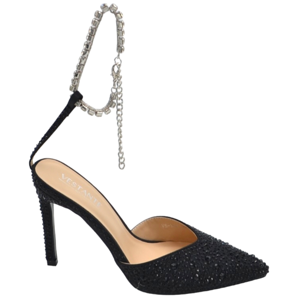 Decollete' donna gioiello elegante in tessuto nero con strass tacco a spillo 12cm cinturino gioiello effetto nudo