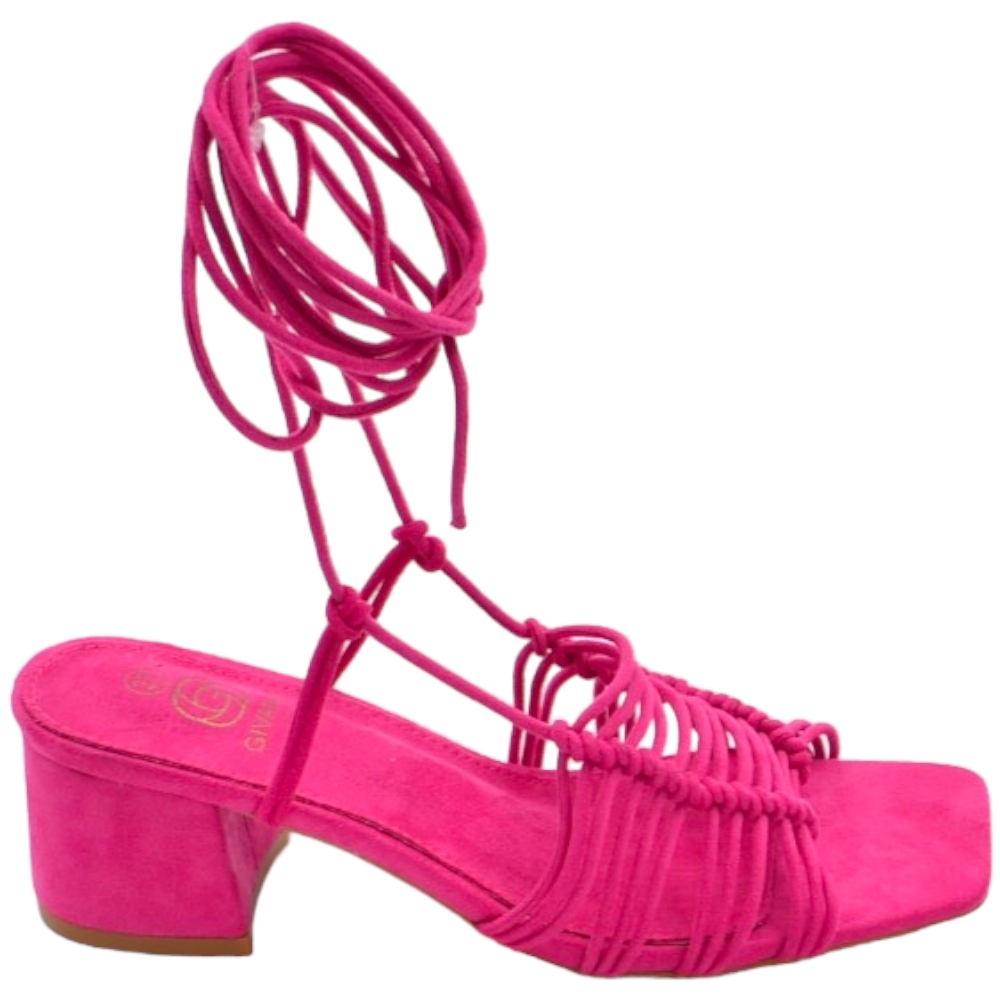 Sandalo donna fucsia intrecciato in camoscio tacco basso largo comodo 4cm lacci alla schiava moda linea basic cerimonia .