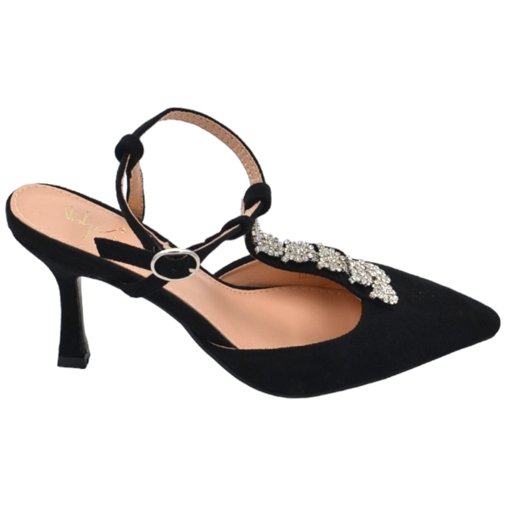 Scarpe decollete donna punta slingback in raso nero applicazione di strass tacco a spillo basso 6cm chiusura caviglia.