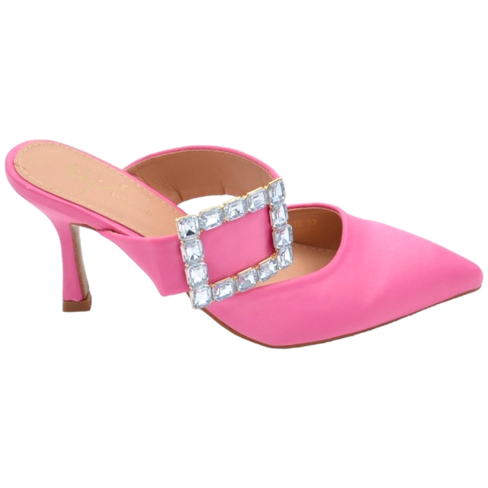 Decollete mules slingback in raso fucsia con fascia sul dorso e fibbia con strass tacco a spillo comodo 6 cm moda