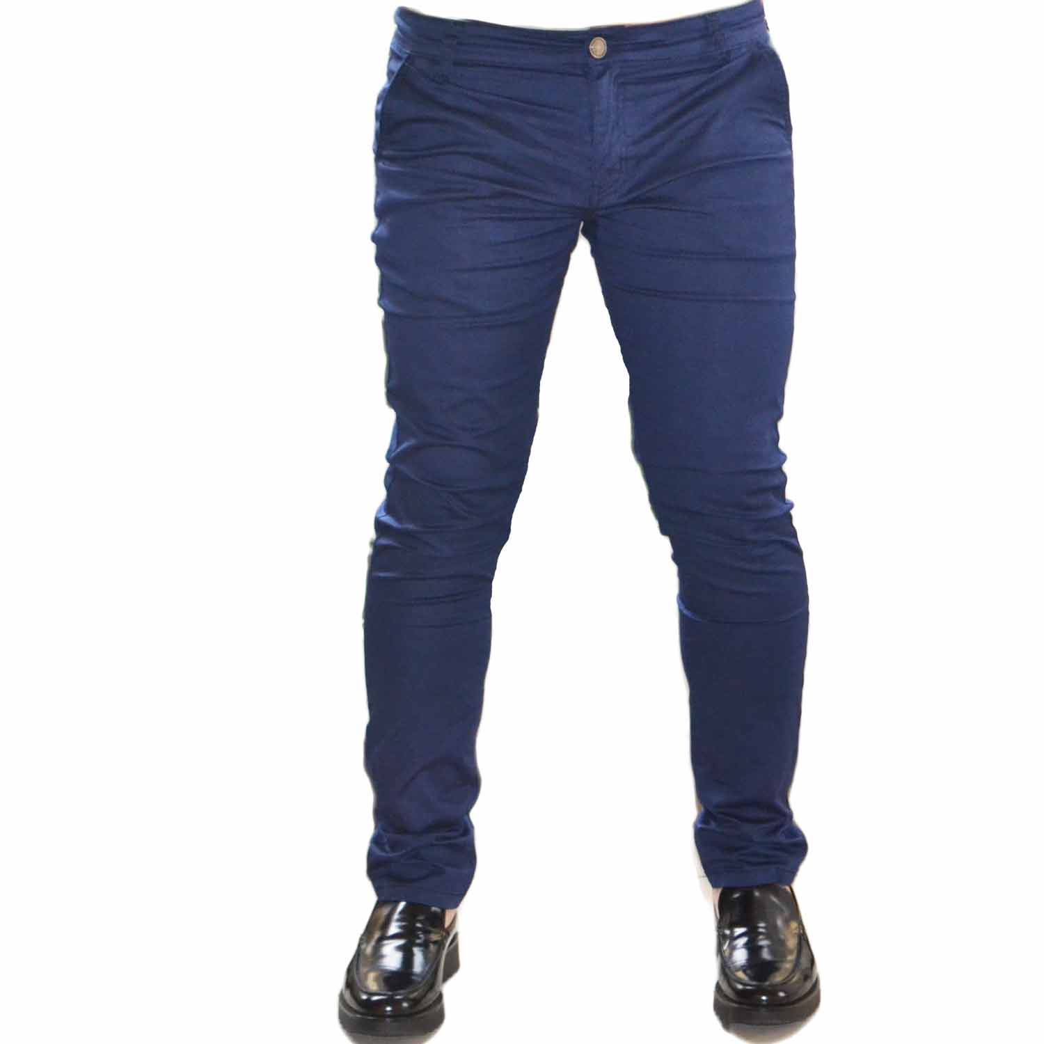 Pantalone Uomo Blu fantsia  Modello Tasca America Chino Slim Cotone Elastico classico