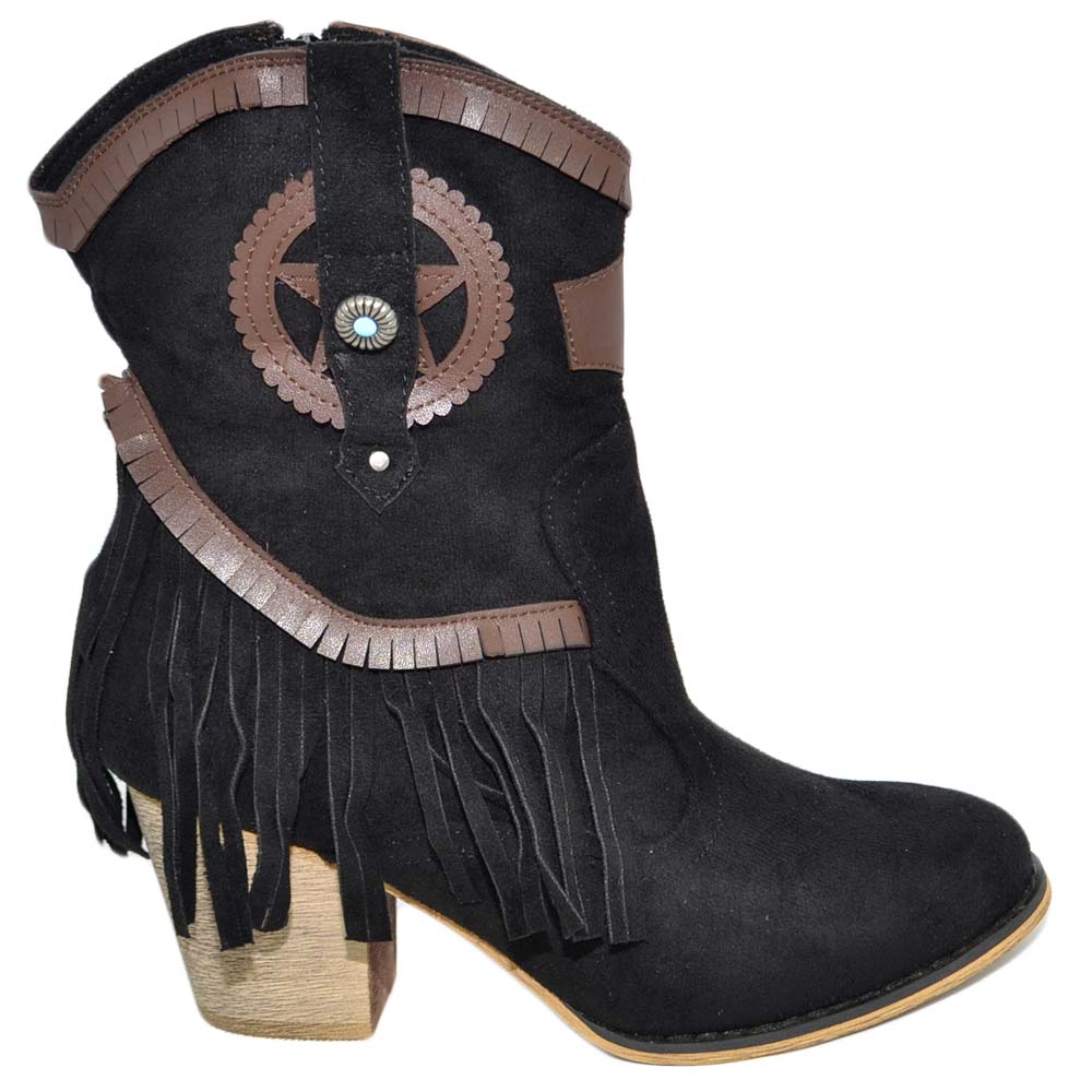 Texano donna estivo camperos nero stivaletti con tacco in legno comodo con frange e stemmi moda cowboy.