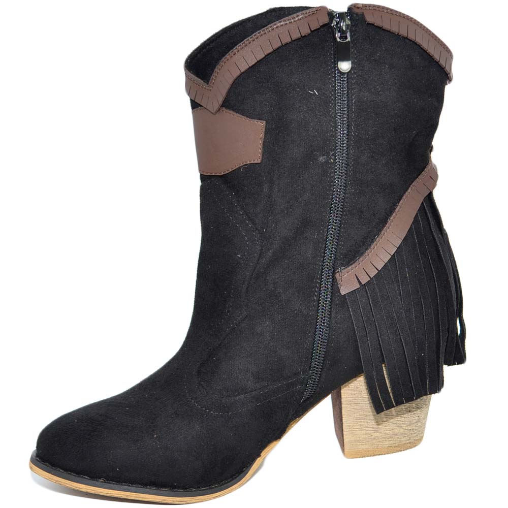 Stivaletti Da Cowboy Donna, Tacco A Blocco 5 Cm, Punta Classica Appuntita, Senza Chiusura, Altezza Gambale 14 Cm, Apertura 27 Cm, Colore Nero
