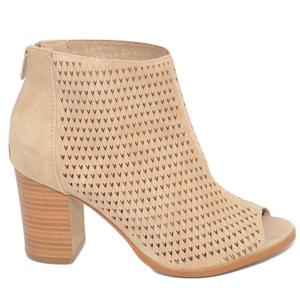Tronchetto donna estivo alla caviglia beige con tacco largo comodo traforato open toe spuntato con zip