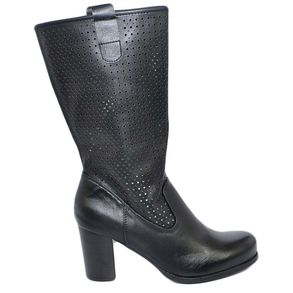 Stivali donna neri con plateau estivi gambale traforato altezza polpaccio con tacco grosso comodo e zip evergreen