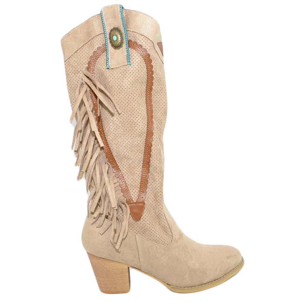 Stivali camperos texani donna beige scamosciati con frange borchiette western fantasia astratta polpaccio mexico cowboy