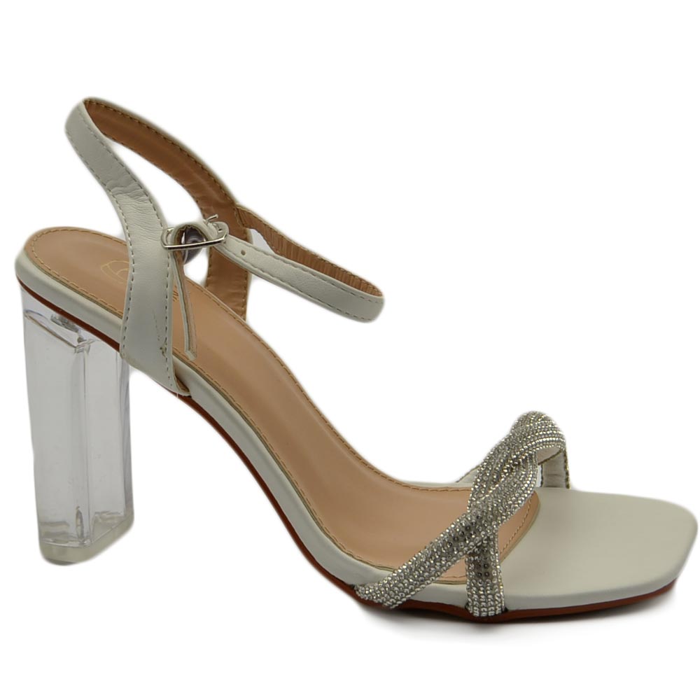 Sandalo donna gioiello bianco con strass tacco trasparente largo 10 cm cerimonia cinturino alla caviglia