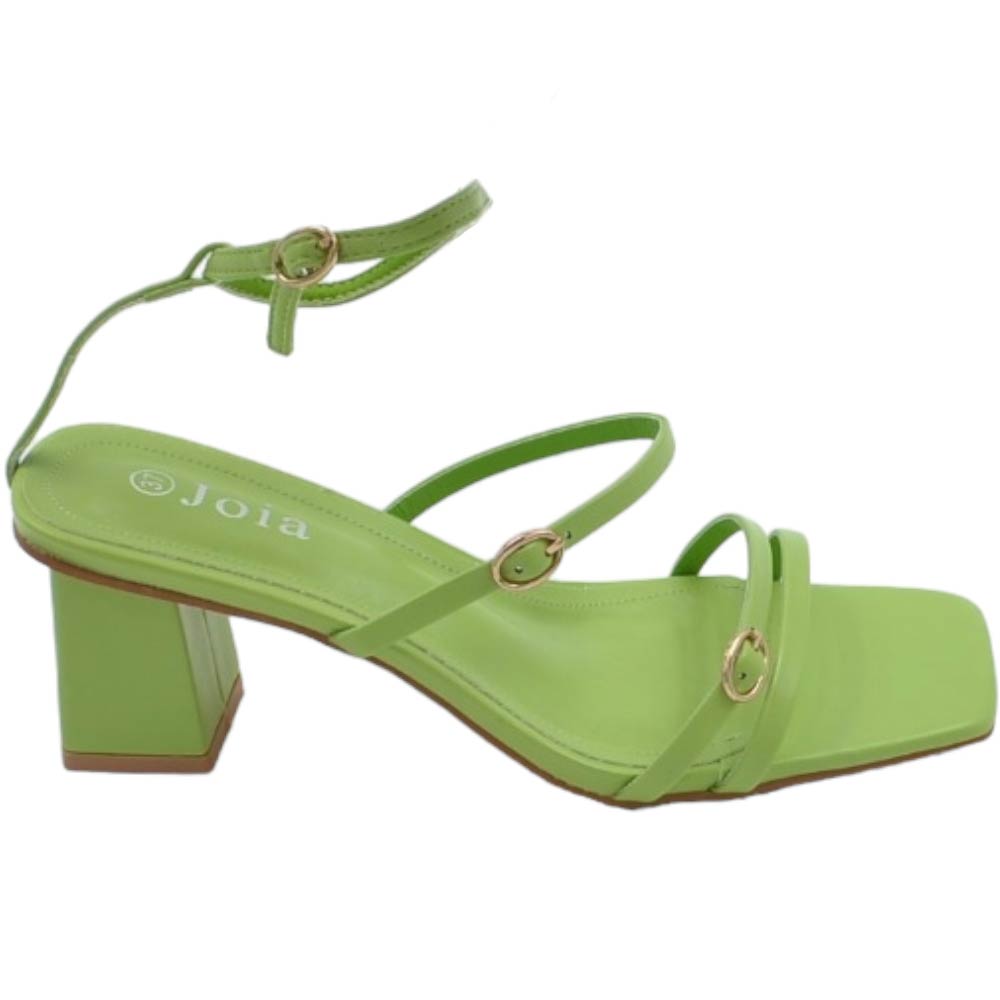 Sandalo donna verde con fascette regolabile con fibbia tacco basso largo comodo 5 cm chiusura alla caviglia comodo .