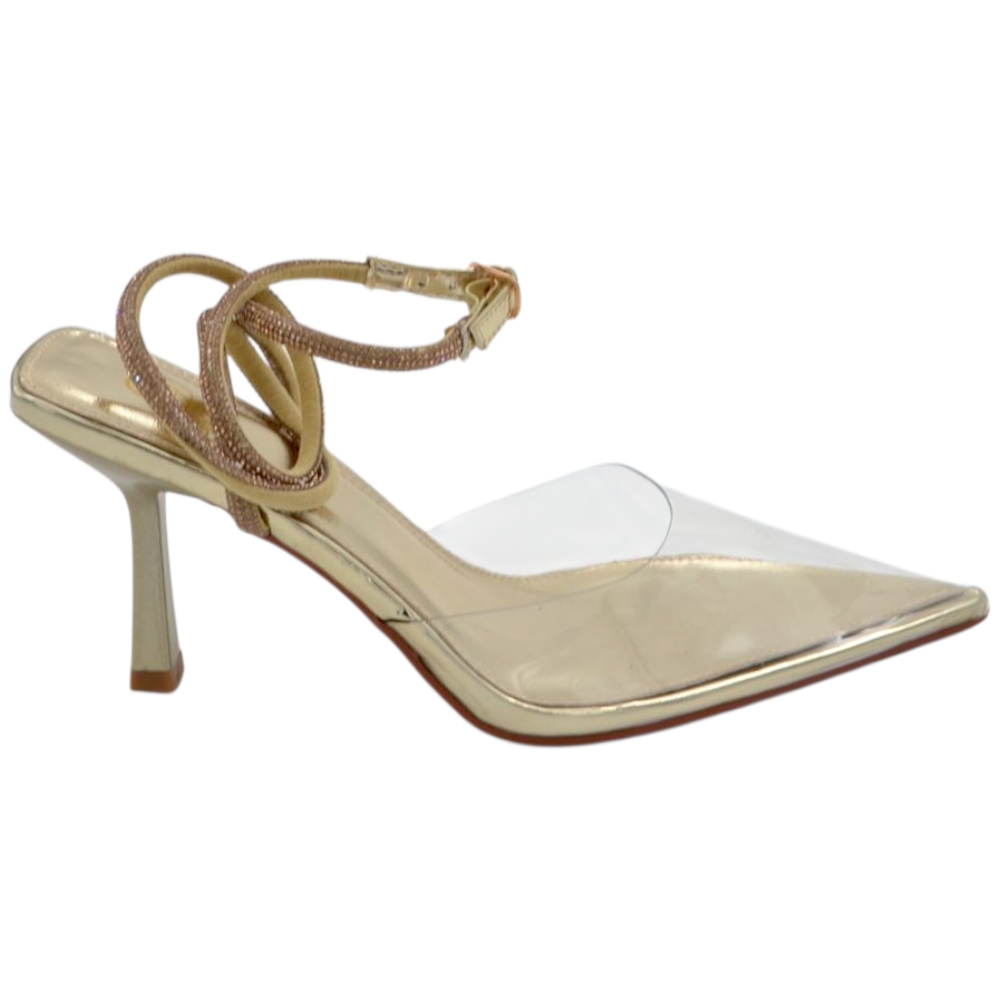 Scarpe decollete donna oro con tacco a spillo 8 cm punta appuntita trasparente in PVC e lacci alla schiava regolabile