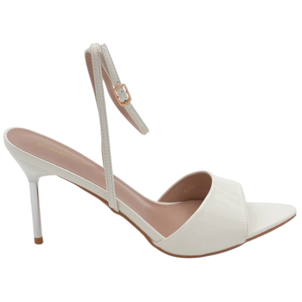 Sandali donna a punta bianco effetto specchio tacco sottile 7 cm con chiusura alla caviglia regolabile.